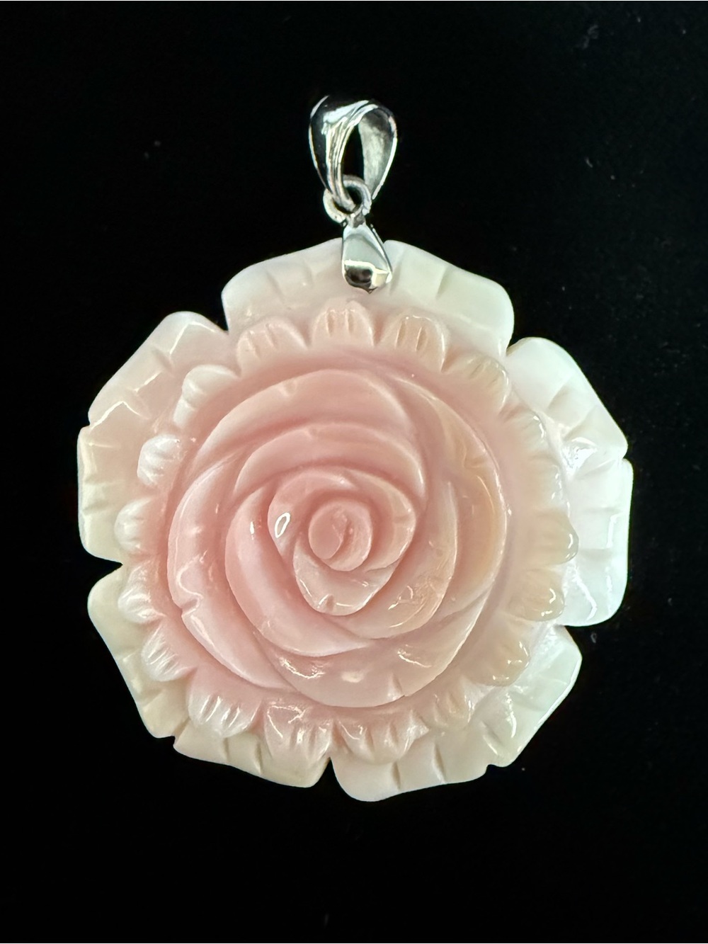 Hand-Carved Pink Chonch Rose Pendant Necklace - Elegant Floral Jewelry